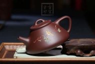 《石瓢泥繪鳥(niǎo)》宜興紫砂壺名師工藝美術(shù)師手工紫泥金絲西施泡茶壺